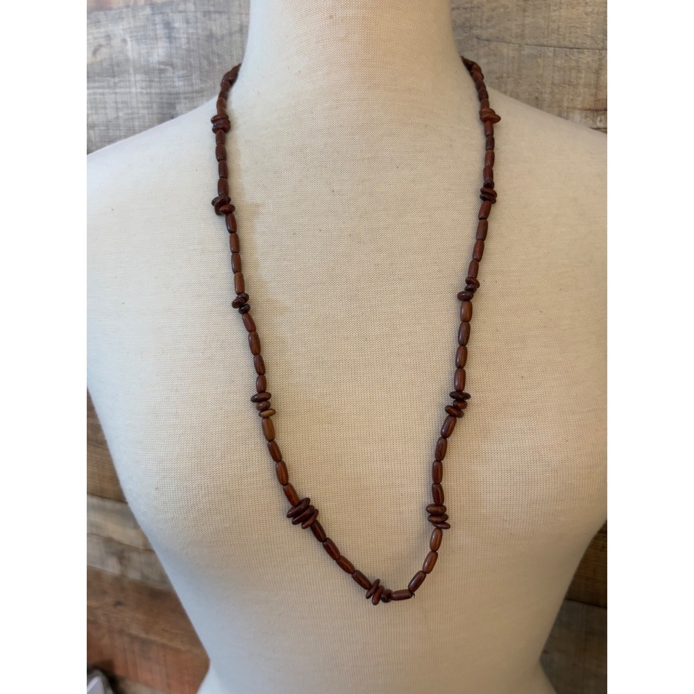 Vintage Brown Wood Beaded Necklace Long Boho Strand Cylinder Disc Beads